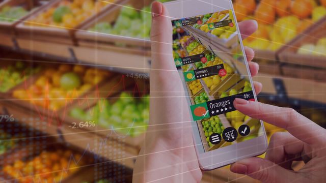 Smart shopping app helps customers efficiently compare prices and manage grocery lists. Financial data overlay aligns economy insights with individual purchasing habits. Perfect for promotions in advanced technology in retail, supermarket innovation, financial literacy, and AI applications in shopping.