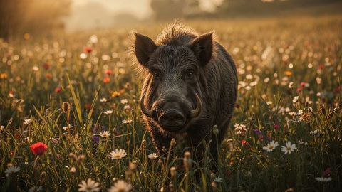 Majestic Wild Boar in Sunlit Meadow with Vibrant Wildflowers