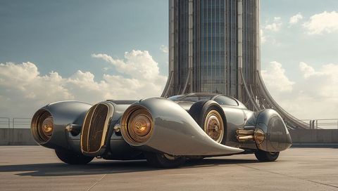 Retro-Futuristic Luxury Car with Gold Spoked Wheels on Urban Terrace