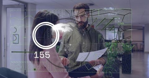 Colleagues discussing project with holographic HUD globe map and progress indicator 155
