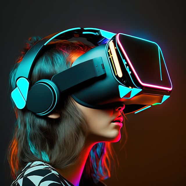 Caucasian woman in vr headset and glowing coloured lights, created using generative ai technology. Cyber technology and futuristic virtual reality headset concept digitally generated image.