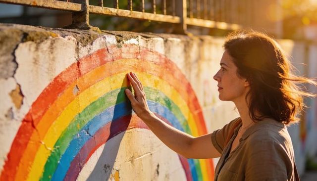 Woman touching rainbow mural on sunlit concrete wall during golden hour urban portrait