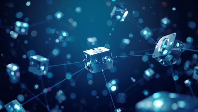 Floating Metal Cube in Futuristic Digital Network