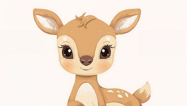 Gazing Adorable Cartoon Fawn with Big Brown Eyes and White Spots on Cream Background