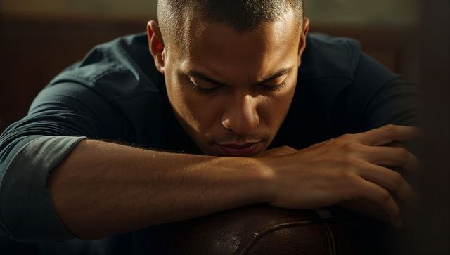 Intimate moody portrait of black man resting on folded arms over leather armrest, contemplative