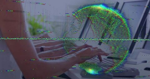 Hands typing with digital glitch effect and globe overlay