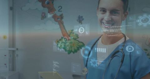 Smiling pediatric clinician using augmented reality in colorful exam room