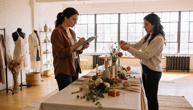 Studio collaboration: women styling rustic tablescape with dried florals and candles