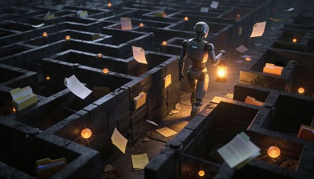 Android holding lantern navigating archive labyrinth with floating papers and glowing orbs