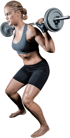 Transparent muscular woman lifting heavy barbell