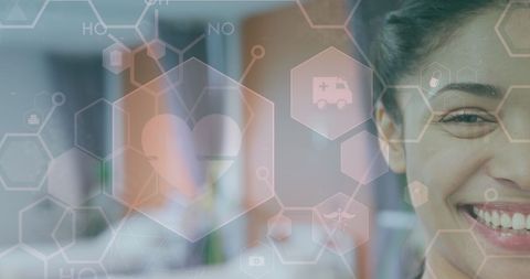 Smiling Female Doctor with Medical Icons Overlay