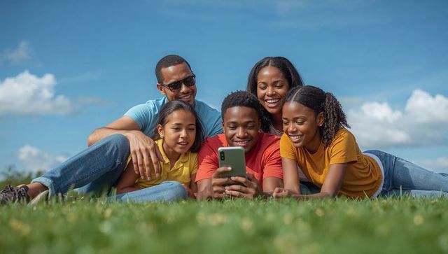 Family Enjoying Outdoor Leisure Watching Smartphone on Sunny Day
