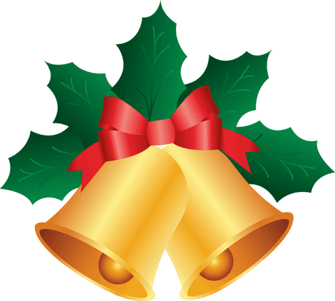 Golden Bells with Red Ribbon and Holly on Transparent Background