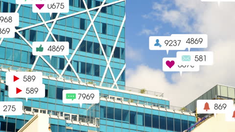 Digital Icons Floating Over Urban Skyline of Modern City