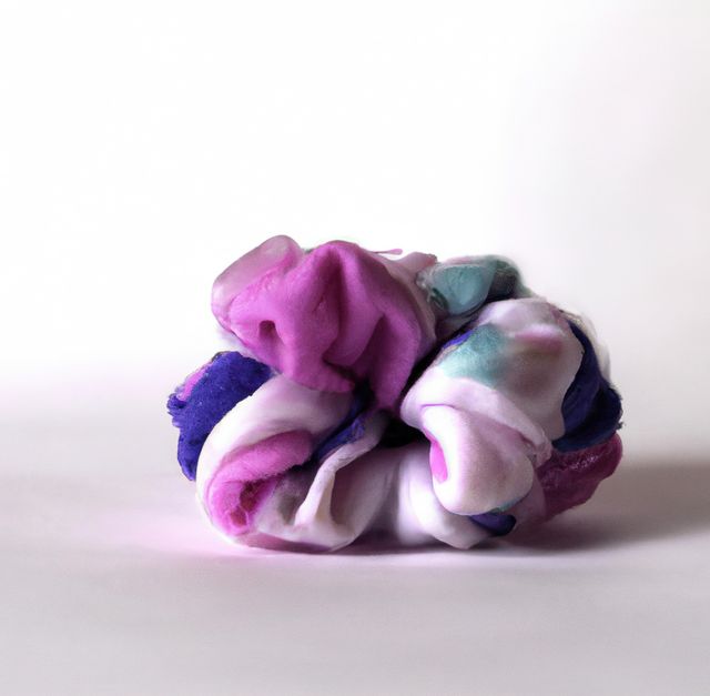 Image of close up of multiple coloured scrunchie on white background. Hair and beauty, decoration concept.