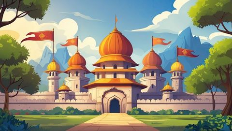 Majestic Palace with Golden Domes and Red Banners under Blue Sky