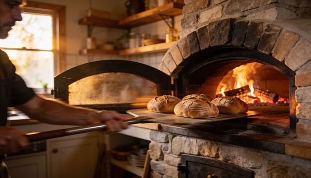 Baker pulling crusty sourdough loaves from wood-fired stone oven on hearth