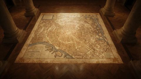 Antique city floor map exhibit in elegant gallery