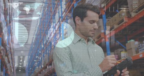 Man Checking Inventory with Digital Interface Overlay in Warehouse