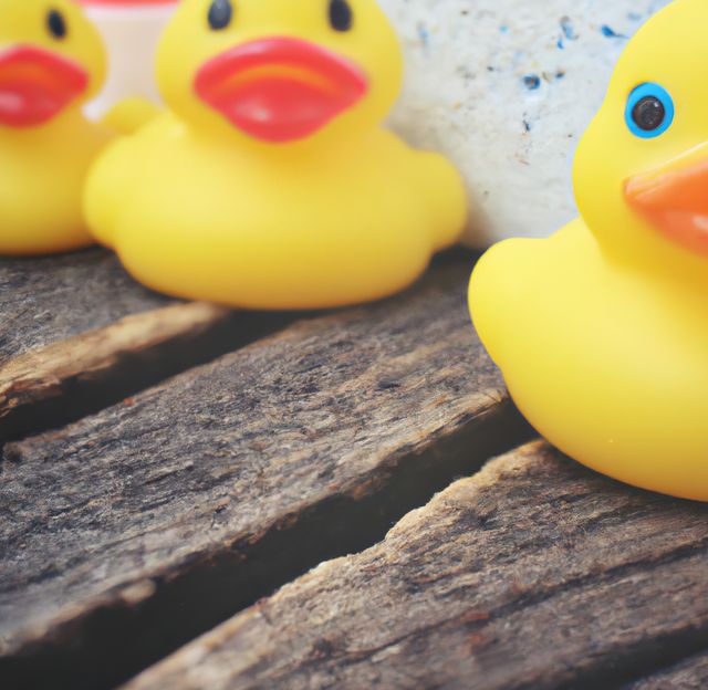 Bright yellow rubber duck toys arranged on a rustic wooden surface create a fun and playful scene. Perfect for promoting children's products, family-friendly content, or bath time articles.