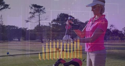 Female golfer adjusting club with data chart overlay on golf course