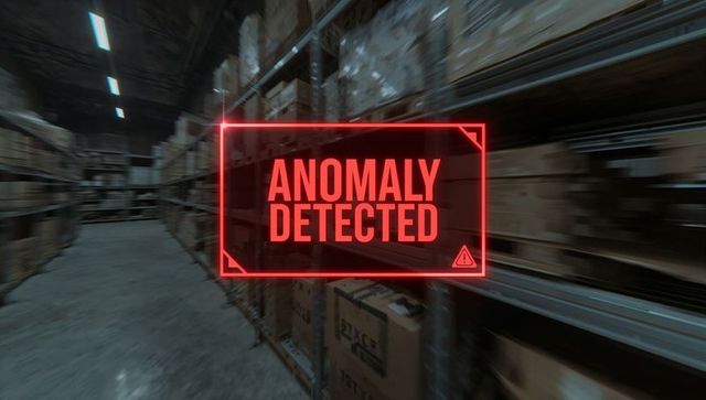 Red holographic alert signaling anomaly detected over warehouse aisle