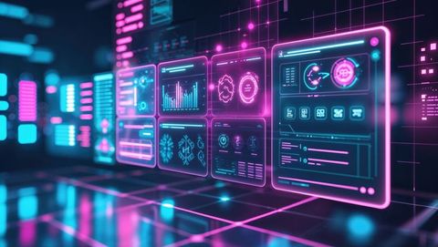 vibrant neon holographic panels float above a grid in this high-tech portrayal of a digital control space. perfect for illustrating concepts of future technology, innovation, and ai-themed presentations. suitable for technology blogs, business innovation articles, or digital user interface designs.