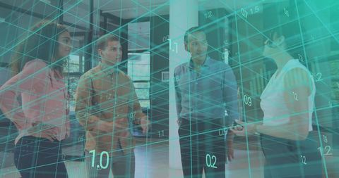 Business team discussing teal data grid overlay in modern office foyer collaborating on analytics