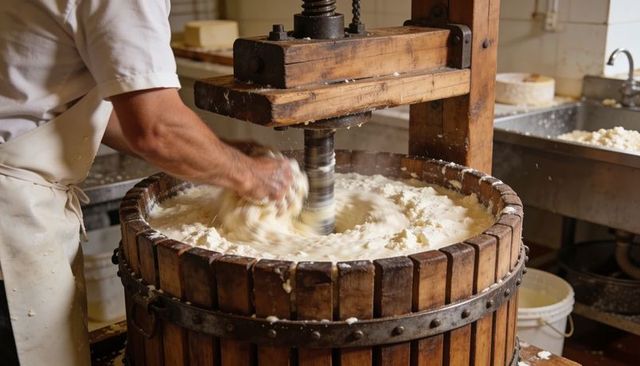 Artisan cheesemaker agitating curds in wooden vat with vintage press and spinning spindle