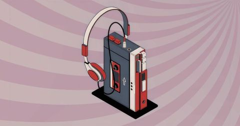 Retro cassette player with over-ear headphones in pink swirl scene