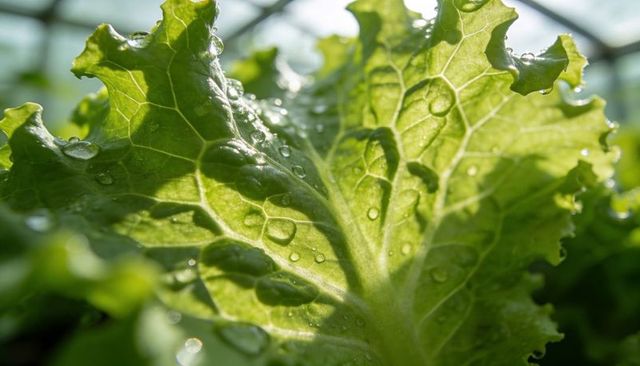 Backlit green lettuce leaf glowing with dew droplets, translucent veins and crisp texture