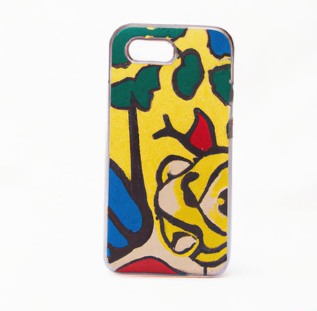 Close up of yellow phone case with pattern on white background. Phone accessories, design and protection.