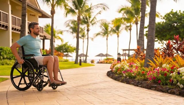 Man in wheelchair rolling along tropical resort pathway with palm trees and flowers