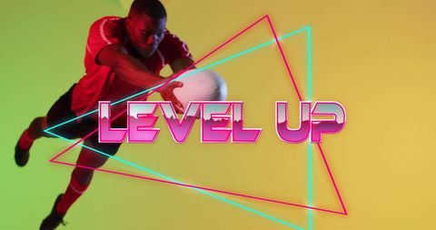 Dynamic African American Rugby Player in Neon Colors with Level Up Message