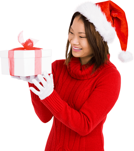 Asian Woman Joyfully Holding Christmas Gift in Transparent Background