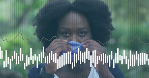 Woman lifting cup outdoors with audio waveform overlay and subtle line graph visual