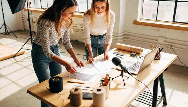 Two women collaborating over design plans in bright loft workspace with laptop mic