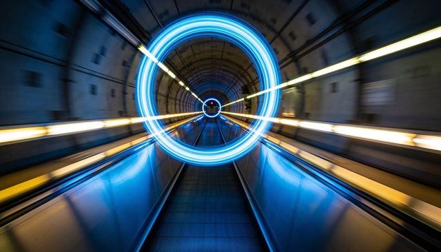 Gliding moving walkway descending toward neon blue ring in futuristic underground tunnel