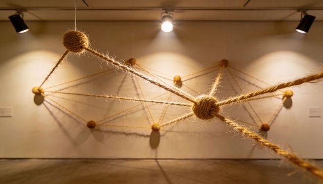 Knotted Jute Rope Network Sculpture with Dramatic Spotlight Shadows and Textured Detail