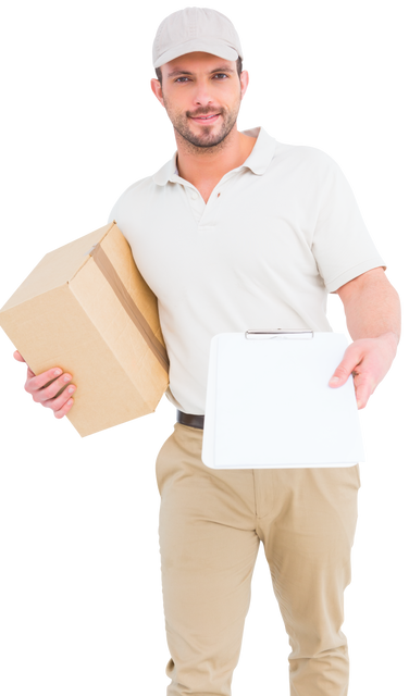 Parcel Courier with Box Displaying Transparent Clipboard - Download Free Stock Videos Pikwizard.com