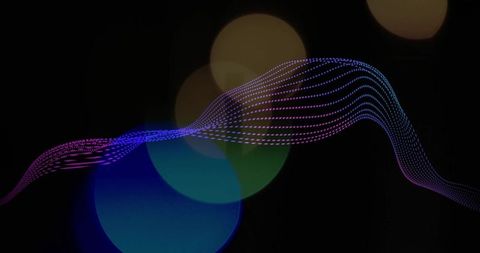 Flowing neon dotted ribbon arching across dark backdrop with gradient bokeh glow