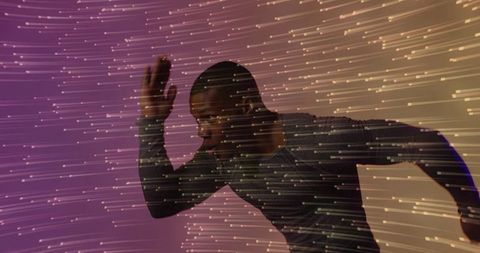 Dynamic sprinter running with glowing light trails, motion blur, purple and gold gradient