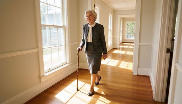 Elegant senior woman walking using wooden cane in sunlit corridor of bright modern home