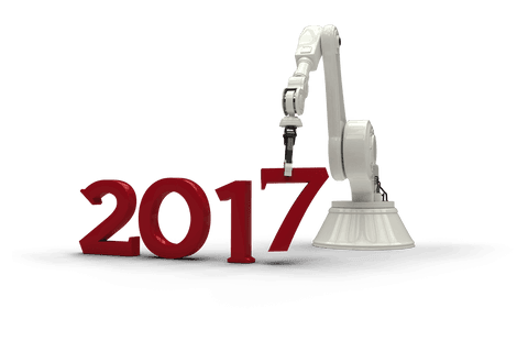 Transparent robotic arm grasping number 2017 symbolizes technological advancement and innovation. Useful for themes related to automation trends, advancements in technology during 2017, or futuristic concepts. Ideal for websites or presentations focusing on technology progress or historical milestones.