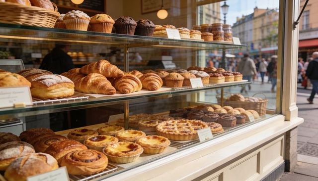 Artisan bakery window display featuring croissants, tarts, muffins on busy city street