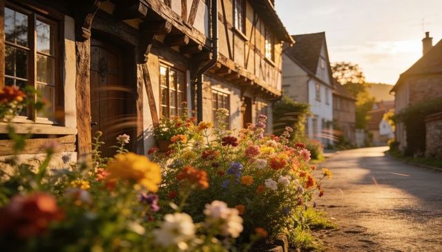 Golden-hour village lane with vibrant flower border and historic timber cottages