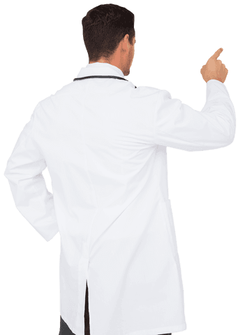 Caucasian male doctor pointing back view transparent background