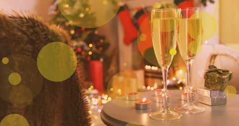 Festive Christmas Champaign Toast Near Cozy Fireplace