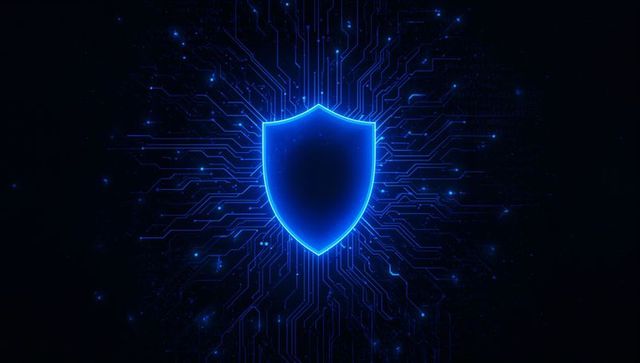 Glowing Neon-Blue Shield in Cybersecurity Concept
