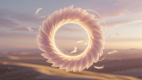 Ethereal feathered ring floating above serene sunset landscape